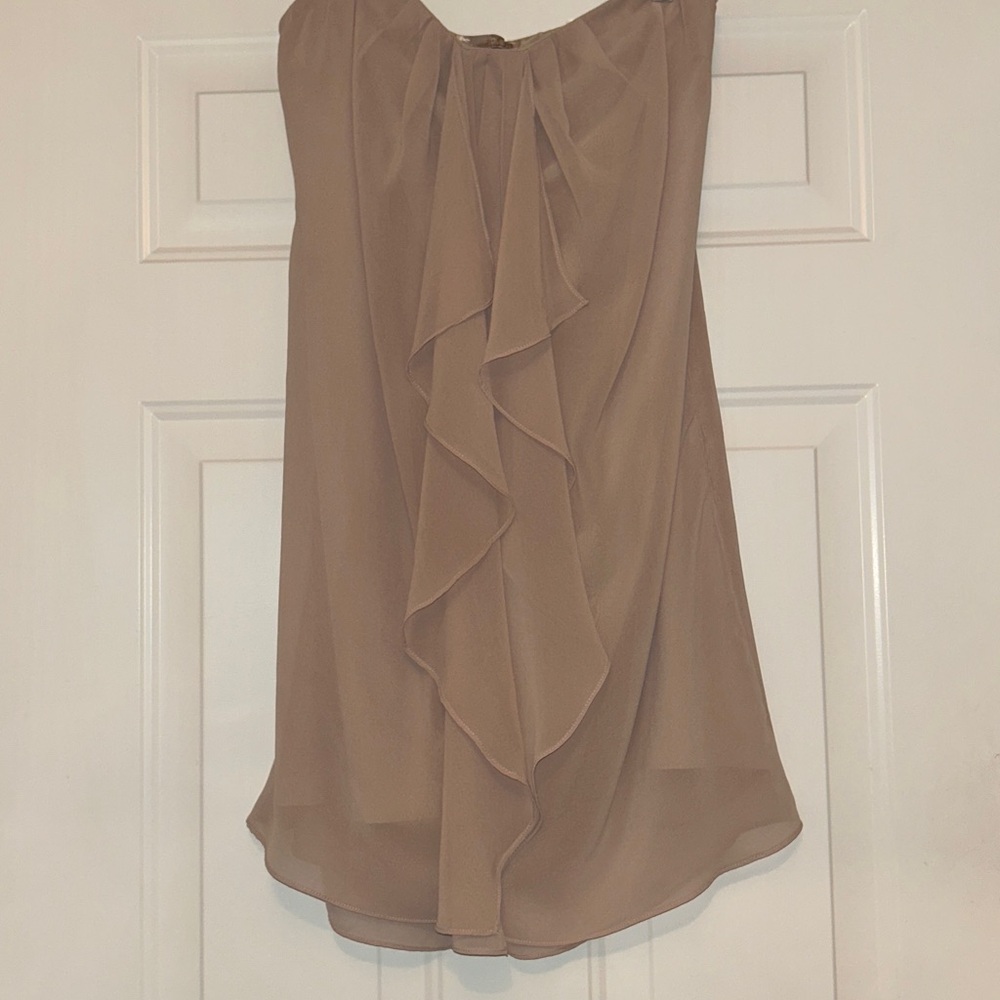 Love 21 Strapless Women's Dress L Nude/Tan Ruffle Pleated Sheer Overlay Feminine